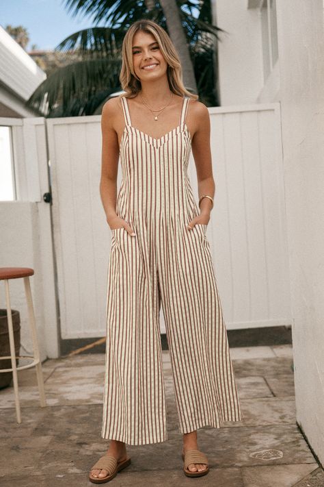 Turn heads in the Striped Sleeveless V-Neck Wide Leg Jumpsuit! With its striking stripes and flattering V-neck, this jumpsuit is all about easy elegance and standout style. Product code: CAA13E4G014GJ Features:  Woven V-neckline Sleeveless Wide leg Pattern: Stripes Wash Method: Regular Wash Material: 55%COTTON,45%POLYESTER. Resort Casual Attire Women, Find Your Body Shape, Stripe Jumpsuit Outfit, Dresses Appropriate, Jumpsuit Outfit Casual, Affordable Swimwear, Jumpsuit Outfit, Make Memories, Striped Jumpsuit