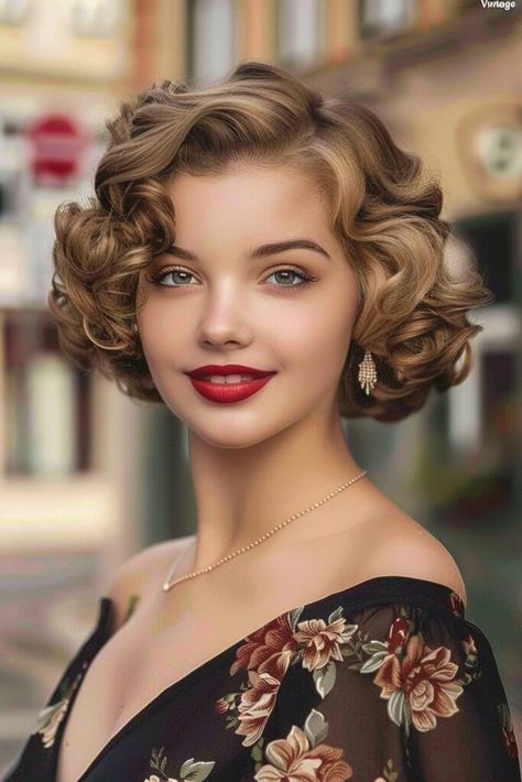 Retro Curls Medium Hair, Short Curly Vintage Hairstyles, Short Glamour Hair, Pin Curls On Short Hair, Old Hollywood Glam Hair Short, Hollywood Glam Hairstyles, Glam Hairstyles For Short Hair, Old Hollywood Curls, Pinned Curls