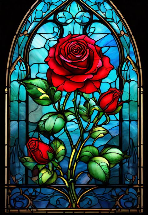 Beauty And The Beast Stained Glass, Beauty And The Beast Stained Glass Art, Red Flower Drawing, Enchantress Dress, Disney Stained Glass, Beauty And The Beast Rose, Blue Roses Wallpaper, Stained Glass Rose, Rose Belle