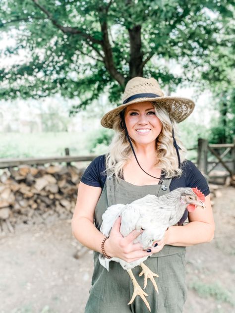 Just a chicken farmer tending chickens 😉🐓 Be sure to follow me on instagram @churchstreethomestead Photoshoot With Chickens, Chicken Photoshoot, Farmer Photoshoot, Farm Picnic, Farm Photoshoot, Chicken Farmer, Female Farmer, Farm Photography, Branding Shoot