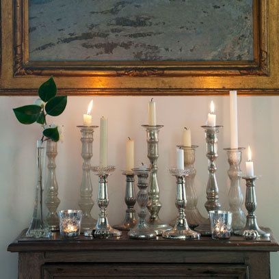 Silver candlestick holders on table: Displaying Candles Ideas Crystal Candlesticks Decorating With, Decorating With Candlesticks, Italy Bedroom, Candlestick Display, Crystal Candle Sticks, Decorating With Candles, Display Collections, Candlestick Collection, Mantle Ideas