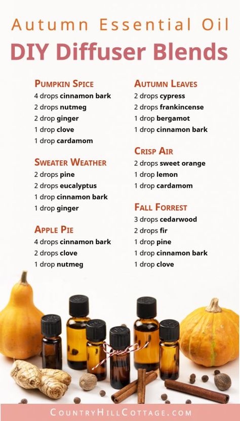 Learn how to make your home smell like autumn with 6 seasonal essential oil blends for fall! Autumn essential oils provide cozy fall fragrances & calming natural scents to enjoy all season long. Fall essential oil diffuser blend recipes are easy and will help you relax. The DIY essential oil blends are great air freshener and good for aromatherapy, home fragrance, relaxation, focus, energy & purification. #diffuserblends #essentialoils #fall #autumn #aromatherapy #diy | countryhillcottag Fragrance Oil Recipes, Diy Diffuser Blends, Cosy Fall, Fall Essential Oils, Fall Diffuser Blends, Fragrance Oil Blends, Essential Oil Diffuser Blends Recipes, Diy Essentials, Essential Oil Diffuser Recipes