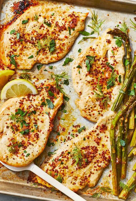 One-Pan Chicken & Asparagus Bake Chicken And Asparagus Bake, Lemon Herb Marinade, Chicken Asparagus Bake, Sliced Chicken Breast Recipes, Cholesterol Meals, Dash Recipes, Fowl Recipes, Gerd Recipes, Chicken Breast Oven