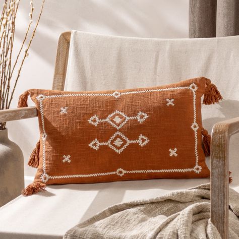 Folis Cushion Pecan Moroccan Cushions, Earthy Colours, Brown Cushions, Geometric Embroidery, Boho Cushions, Organic Colors, Embroidered Cushions, Earthy Colors, Shoot Ideas