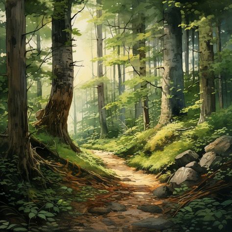 Paintings Of Forests, Forest Tree Painting, Forest Painting Landscape, Forest Path Drawing, Forest Floor Painting, Forest Painting Ideas, Forest Lake Painting, Forest Painting Acrylic, Paint Forest