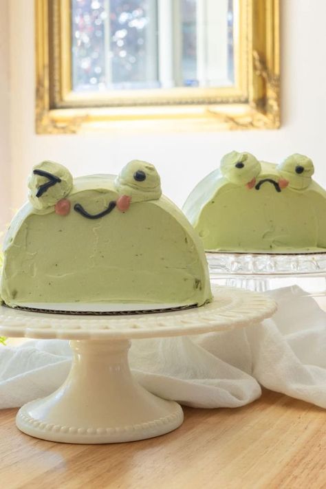 Frog Shaped Cake, Easy Frog Cake, Easy Whipped Cream Frosting, Korean Birthday Cake, Froggy Cake, Kawaii Baking, Cake With Whipped Cream Frosting, Kawaii Cakes, Kawaii Cake