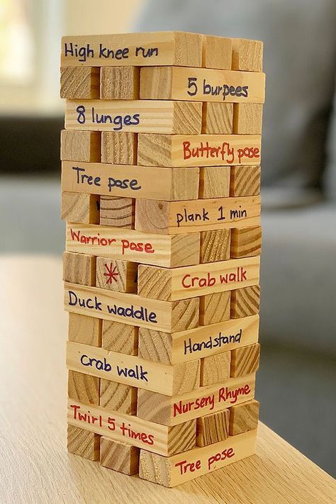 This would be an awesome game to play with friends. Let's see who can still crab walk or dance the Jig, LOL #TableGames #FamilyFun #FridayFun Jenga With A Twist, Jenga Ideas, Jenga Block Ideas, Jenga Blocks Crafts, Family Game Night Ideas, Game Night Ideas, Jenga Game, Night Kids, Giant Jenga