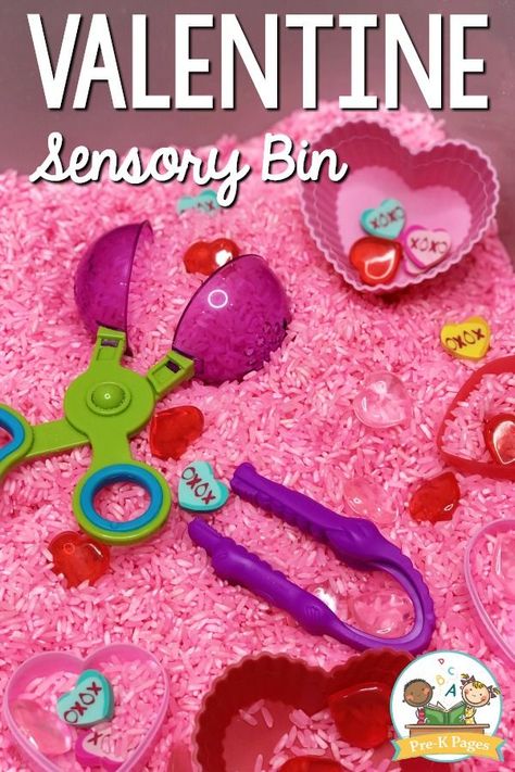 A fun, hands-on Valentine's Day sensory bin activity for your preschool or pre-k classroom. Use loose parts and colored rice for a fun sensory experience! Heart Sensory Bin, February Activities For Preschool, Sensory Valentines, Preschool Valentines Day Crafts, February Preschool, Valentines Day Crafts For Preschoolers, Preschool Valentines Activities, Valentines Activities, Pre K Classroom