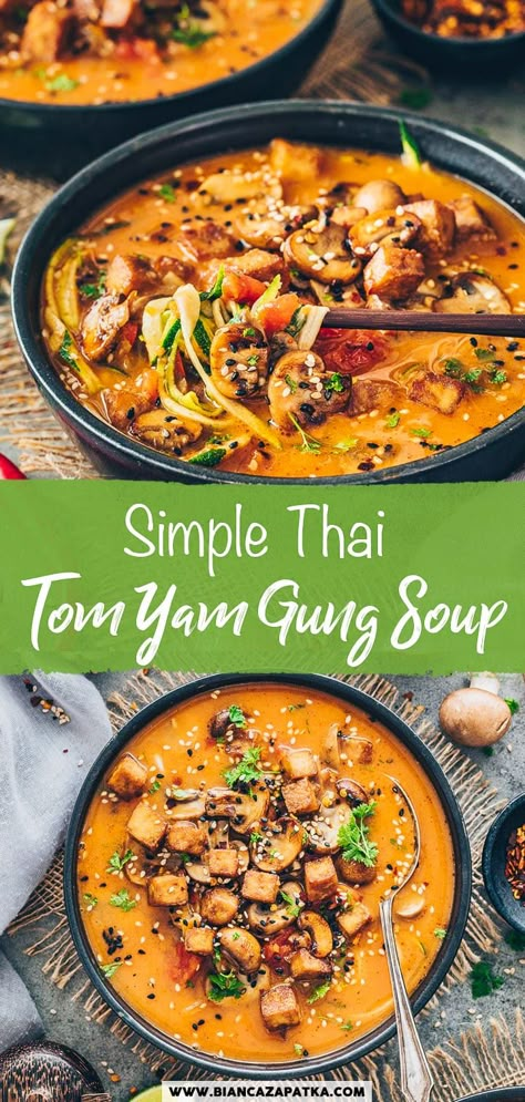 Vegan Thai Tom Yum Noodle Soup This vegan version of Tom Yum Soup is loaded with meaty mushrooms, spiralized zucchini, and crispy, oven-baked tofu for a hearty yet healthy lunch or dinner meal! Enjoy this popular Thai soup with its unique and explosive combination of creamy, spicy, zesty, and tangy flavors! Crockpot Tom Yum Soup, Vegan Thai Noodle Soup, Thai Coconut Tofu Soup, Tom Yum Soup With Zucchini Noodles, Thai Curry Vegetable Soup, Thai Veggie Soup, Tom Yum Soup Chicken, Tofu Curry Soup, Thai Peanut Soup Recipes