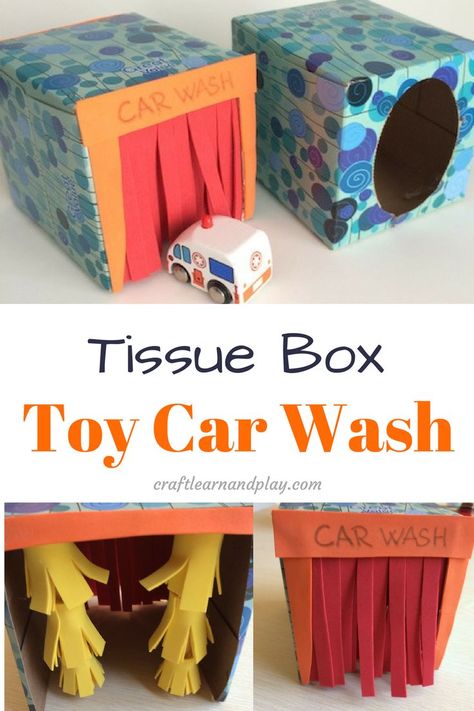 How To Make A Tissue Box Toy Car Wash. Follow this tutorial and you will have great toy that costs almost nothing. Make imaginative play better and bring in new activities for kids. Click for tutorial. Toy Car Wash, Aktiviti Kanak-kanak, Crafts Easy, Learn Crafts, Toddler Play, Toddler Fun, Box Car, Tissue Box, Toy Boxes