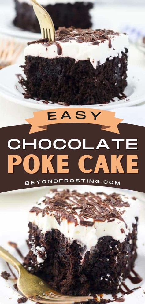 Easy Chocolate Poke Cake, chocolate desserts, baking recipes Chocolate Pudding Poke Cake Cool Whip, Chocolate Cake Desserts Easy, Dark Chocolate Poke Cake, Easy Chocolate Lovers Dessert, Easy Chocolate Dream Cake, Hot Fudge Poke Cake Recipe, Chocolate Polk Cake, Chocolate Cake With Pudding Layers, Devils Food Cake Poke Cake