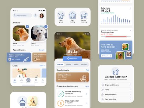 Pet health care app by Taras Bakusevych for Windmill on Dribbble Dog Apps, Health App Design, Health Apps, Ui Ux 디자인, Mobile App Design Inspiration, Pet Hotel, Pet Clinic, Ios Design, App Design Inspiration