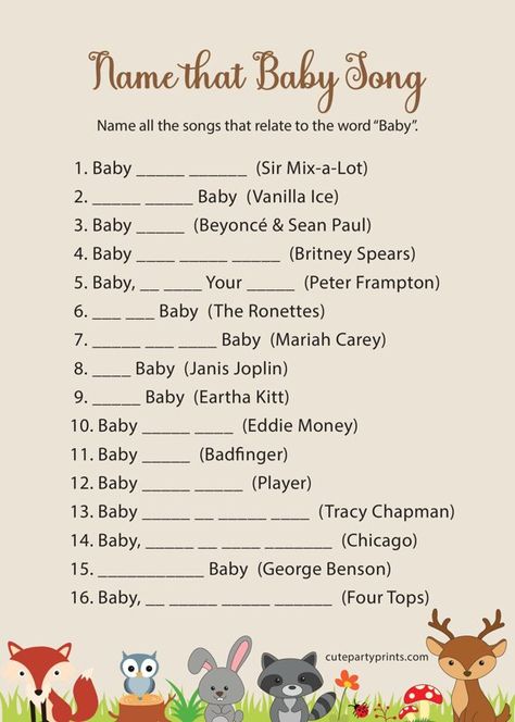 Name that Baby Song | Woodland Baby Shower Games Baby Shower Games Woodland Theme Free Printable, Woodland Baby Shower Games Printables, Woodland Forest Baby Shower, Woodland Baby Shower Games, Baby Song, Free Baby Shower Games, Storybook Baby Shower, Forest Baby Showers, Baby Songs