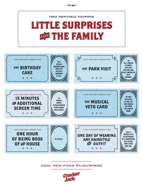 Yesterday we shared a fun page of free printable coupons for fun little affordable family surprises, and today we're back with even more. Yay for free fun! Family Coupons, Birthday Surprise For Mom, Free Family Printables, Family Printables, Eco Christmas, Kids Rewards, Free Printable Coupons, Printables Free Kids, Ticket Design