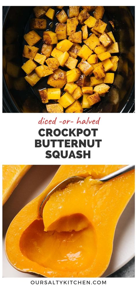 If you love your slow cooker for soups and stews, you'll come to appreciate it even more when making crockpot butternut squash! Slow cooker butternut squash is very tender, with rich flavor and buttery texture. Cook butternut squash in a crockpot in halves, or peel, seed and dice to make an easy oven free side dish recipe (very handy for holiday dinners!). Season with brown sugar and warm spices for an even sweeter finish, or bring out the savory side with herbs. #crockpot #slowcooker #butternut Squash In Crockpot Butternut, Butternut Squash In Slow Cooker, Cooking Butternut Squash In Crockpot, Butternut Squash Recipes Crockpot Slow Cooker, Butternut Crockpot Recipes, Butternut Squash In The Crockpot, Instapot Butternut Squash Recipe, Butternut Squash Recipes In Crock Pot, Slow Cooker Squash Recipes