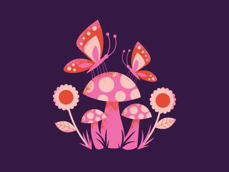 Mushrooms and Butterflies by Nicole Anguish on Dribbble Butterfly And Mushroom, Mushrooms And Butterflies, Butterfly Mushroom, Mushroom Illustration, Mushroom Drawing, Magic Forest, Drawings Simple, Catch Phrase, Butterfly Design