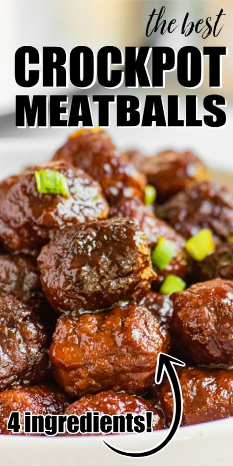 Crockpot meatballs are a simple 4-ingredient recipe that combines basic ingredients for a sweet and tangy meatball. Combine brown sugar, ketchup, and worcestershire sauce to make an easy meal that's tender, juicy and a fan favorite! Serve them as a meal or as an appetizer for a party - you'll have everyone asking for more! Appetizers For Party Crockpot, Best Crockpot Meatballs, Halloween Appetizers For Party, Sweet Meatballs, Crockpot Meatballs, Meatball Recipes Crockpot, Delicious Crockpot Recipes, Crockpot Appetizers, Appetizer Meatballs