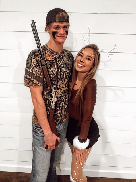 Bambi Couple Costume, Cute Easy Couples Halloween Costumes, Hunting Costume Ideas, Country Costumes For Couples, Deer Snd Hunter Costume, Bf And Gf Costume Ideas, Couple Halloween Ideas Costumes, Hunting Couple Halloween Costumes, Hunter Deer Couple Costume