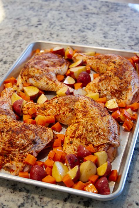 Chicken Quarter Sheet Pan Dinner, Chicken Leg Quarters Sheet Pan Dinner, Sheet Pan Chicken Quarters, Chicken Thigh Quarter Recipes, Quartered Chicken Leg Recipes, Roasted Leg Quarters In Oven, Quarter Chicken Legs Recipes Oven Baked, Chicken Leg Quarters In The Oven, Chicken Leg Sheet Pan Dinner