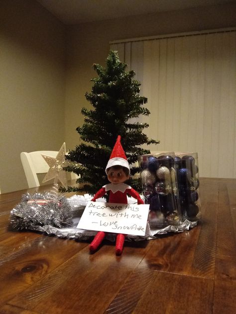 Elf On The Shelf Decorating A Mini Tree, Elf On The Shelf Mini Christmas Tree, Elf On The Shelf Decorate Tree, Elf On The Shelf Tree Decorating, Tiny Tree, Wine Glass Decor, Christmas Trees For Kids, Elf Fun, Elf Ideas