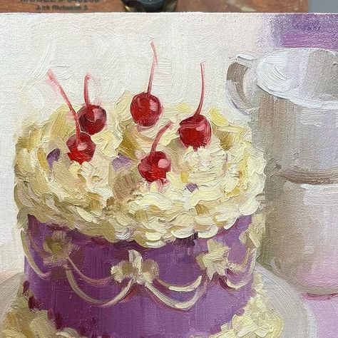 𝔸𝕤𝕙𝕝�𝕖𝕪 𝔾𝕝𝕒𝕫𝕚𝕖𝕣 on Instagram: "Update: SOLD 🔴 Selling this little 8x8” cake painting that I made in preparation for my upcoming still life painting course with @sentientacademy! Woo! 🍰 Comment or DM to claim! $325+shipping, 8x8” on a 1.5” cradled panel, unframed. Painting will ship once dry. 💜📦" Creative Still Life Drawing, Cute Cake Painting, Food Painting Aesthetic, Food Painting Ideas Easy, Birthday Cake Painting Acrylic, Cake Acrylic Painting, Cake Slice Painting, Food Art Painting Acrylic, Painting Inspiration Aesthetic