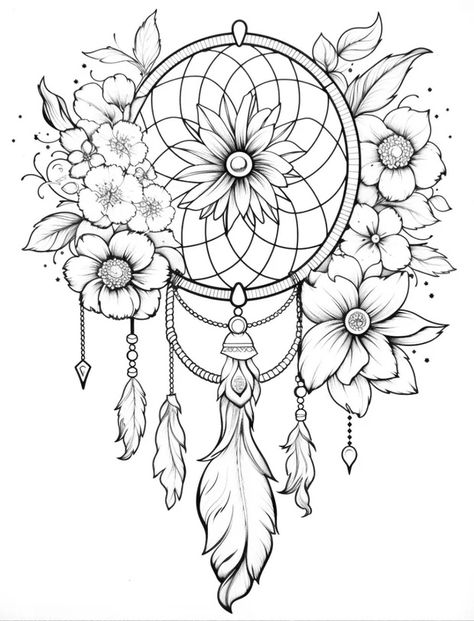 Cute Animal Coloring Pages For Adults, Mandellas Design Mandala Art Tattoo, Tattoo Ideas Drawings Sketches, Printable Coloring Pages For Adults Simple, Dream Catcher Outline, Dream Catcher Drawings, Fairy Art Drawing, Traceable Drawings, Dream Catcher Coloring Pages