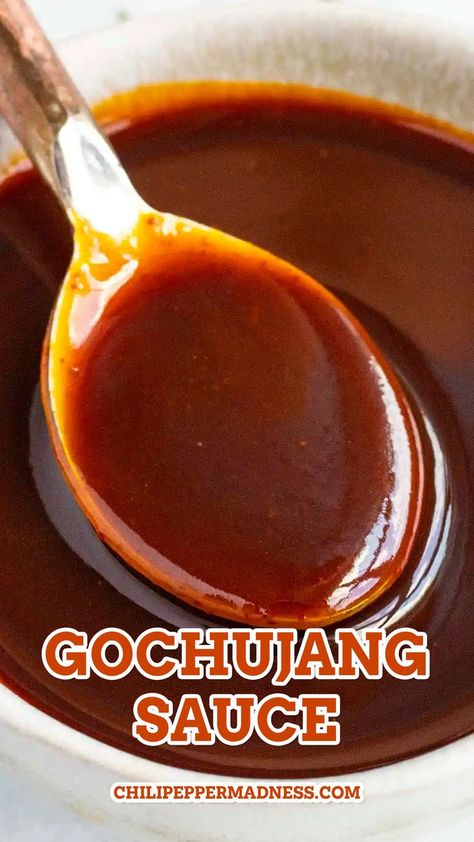 A spoonful of the delicious Gochujang Sauce in a spoon. Saucy Gochujang Noodles With Chicken, Sweet And Spicy Gochujang Sauce, How To Make Gochujang Sauce, Gojuchang Dipping Sauce, Gojuchang Sauce Recipe, Go Chu Jang Sauce, Honey Gochujang Sauce, Sweet Spicy Sauce For Chicken, Korean Gochujang Sauce