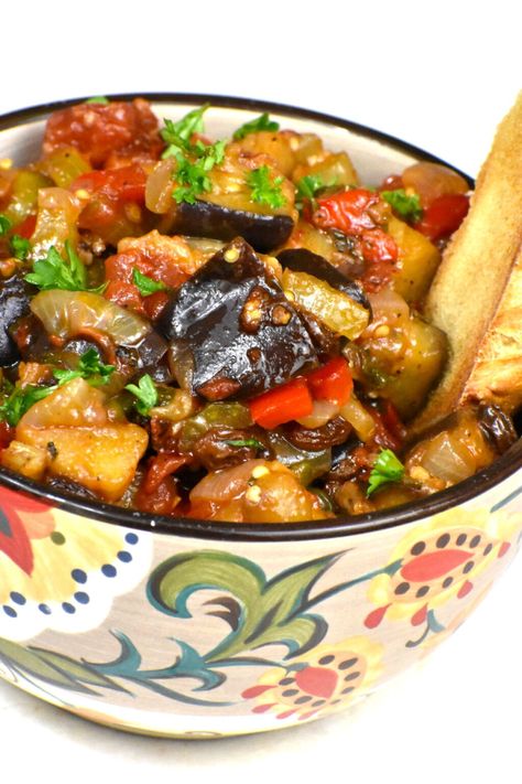 Caponata - Sicilian Eggplant Relish - GypsyPlate Eggplant Caponata Recipe, Eggplant Relish, Caponata Recipe, Makanan Italia, Eggplant Caponata, Sicilian Style, Eggplant Salad, Eggplant Dishes, Resep Diet