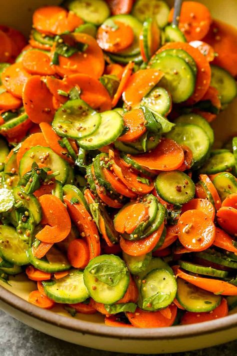 Carrot and Cucumber Salad Cucumber Tomato Carrot Salad, Cucumber Carrot Salad Recipes, Mexican Carrot Salad, Cucumber Carrot Salad Vinegar, Salad Recipes With Carrots, Carrot And Cucumber Salad, Hawaiian Vegetables, Cucumber Bowl, Cucumber Carrot Salad