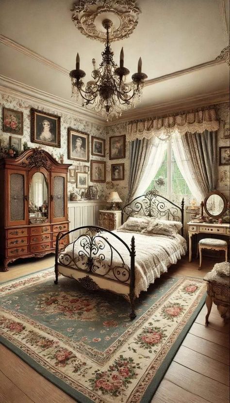 Old Country Bedroom Ideas, Old Fashioned Bedroom Ideas, Bedroom Decor Colour Schemes, Antique Bedroom Ideas Vintage, Floral Bedroom Aesthetic, Victorian Homes Interior Bedroom, Antique Bedroom Ideas, Cute Bedroom Decor Ideas, Decor Colour Schemes