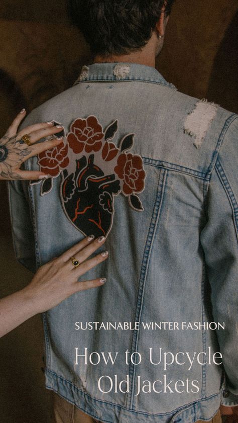 A woman applying a heart shaped patch to a thrifted denim jacket. Upcycle Leather Jacket Diy Ideas, Leather Jacket Upcycle, Denim Jacket Diy Upcycling, Upcycle Denim Jacket, Denim Jacket Upcycle, Diy Jacket Refashion, Denim Jacket Diy, Upcycled Leather Jacket, Sustainable Fashion Upcycling