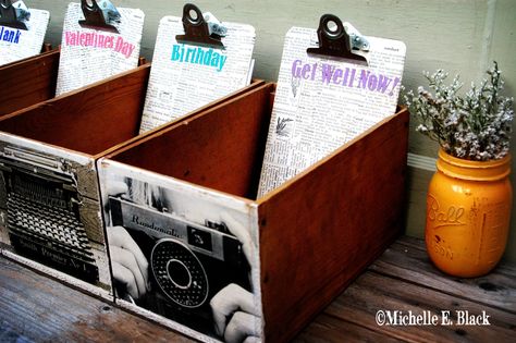 These are my greeting card holders I made out of old small wine boxes. Card Organization, Greeting Card Holder, Greeting Card Organizer, Postcard Display, Greeting Card Display, Craft Booth Display, Cards Display, Wine Boxes, Love Of Family