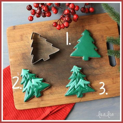 Christmas Tree Sugar Cookies, Tree Sugar Cookies, Cookie Decorating Tutorial, Christmas Tree Cut Out, Unique Christmas Cookies, Tree Cut Out, Tree Cut, Whimsical Christmas Trees, Decorated Cookies Tutorial