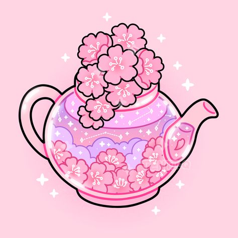 #cherry #blossom #sakura #tea #pot #drink #cute #kawaii #pink #purple #flowers #soft #glass #aesthetic #sparkles #stars #digitalart #digitalartist #art #drawing #illustration #sticker Tea Pot Art Drawing, Cherry Blossom Aesthetic Drawing, Tea Stickers Aesthetic, Kawaii Flowers Drawing, Sakura Blossoms Aesthetic, Sakura Flower Drawing, Tea Pot Drawing, Cute Flower Illustration, Tea Party Drawing