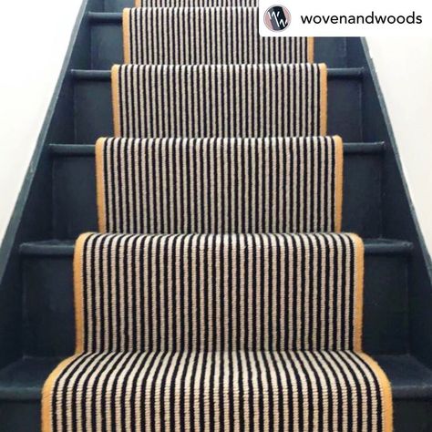 Stair Runner Carpet Colorful, Dark Stairs Runner, Pinstripe Stair Runner, Stair Runner On Dark Wood Stairs, Dark Staircase With Runner, Dark Painted Stairs With Runner, Painted Staircase With Runner, Stair Carpets Ideas, Fun Stair Runner