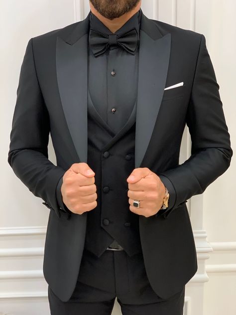 All Black Tux, All Black Tuxedo, Black Tuxedo Wedding, Wedding Suits Men Black, Shawl Collar Tuxedo, All Black Suit, Tuxedo Colors, Wedding Tux, Black Suit Men