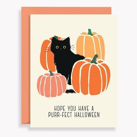 Send this cute card to a loved one to wish them a purr-fect Halloween! Features adorably illustrated black cat and pumpkins.Folded cardBlank insidePaired with matching envelopeDesigned by Paper Source Halloween Birthday Cards Funny, Halloween Cards For Kids In Hospital, Fall Card Design, October Birthday Card Ideas, Happy Halloween Cards Printable, Easy Halloween Cards To Make, Fall Cards Handmade Simple, Halloween Birthday Card Ideas, Fall Birthday Card Ideas