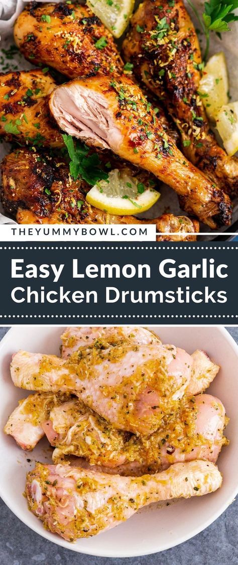 Easy lemon garlic chicken drumsticks are the best appetizer or lunch that everyone will love. These chicken drumsticks are so easy to throw together and are packed with lemon and garlic flavors. These drumsticks are great for Super Bowl Sunday or any other occasion. Try this simple chicken recipe today! Lemon Chicken Drumstick Recipes, Lemon Pepper Chicken Legs Air Fryer, Chicken Leg Marinade For Air Fryer, Lemon Chicken Leg Recipes, Air Fry Chicken Legs Recipes, Chicken Leg Recipes Airfryer, Recipes With Chicken Legs Dinners, Drumstick Recipes Air Fryer, Chicken Leg Marinade