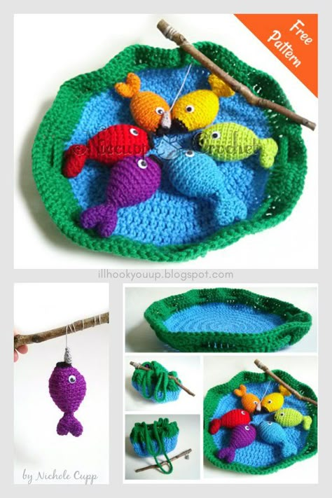 Crochet Toy Set Patterns, Fishing Crochet Pattern Free, Crochet Playset Free Pattern, Crochet Fishing Pole, Crochet Fishing Game, Fishing Crochet Patterns, Free Crochet Baby Toys Patterns, Crochet Play Sets Free Pattern, Crochet Toy Set