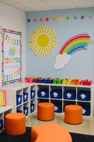 Classroom Decoration Ideas for High School to Elementary School Colorful Preschool Classroom Themes, Imagination Classroom Theme, School Room Themes Ideas, Kindergarten Classroom Decor Themes Bright Colors, Colors Decoration Classroom, Classroom Colorful Theme, Sunshine And Rainbow Classroom, Clouds In Classroom, Rainbow Daycare Room