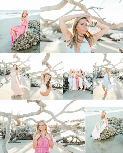 Driftwood Beach Senior Session | Senior Model Team | Jekyll Island – capturedbycolson.com | beach session | pastel dresses | bestie photo sessions Coastal Senior Pictures, Beach Sunset Grad Pics, Girls Group Photoshoots Beach, Laguna Beach Senior Pictures, Senior Girl Beach Session, Driftwood Beach Jekyll Island, Cute Beach Pictures, Engagement Picture Outfits, Senior Portrait Poses