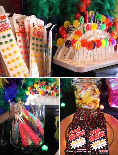 80′s Themed Candy Bar! {Real Party!} 80s Candy Bar Ideas, 80s Party Candy Table, 80s Food Ideas, 80s Candy Table, 80s Desserts, 80s Party Decorations For Adults, Retro Candy Bar, 80s Candy, Being 40