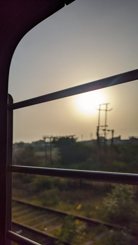 Sunrise aesthetic pictures Inside A Train Aesthetic, Indian Train Window View, Train Pics Aesthetic, Train Images Indian, Train Snap Video, Indian Train Travel Photography, Travel By Train Aesthetic, Train Window View Video, Train View Window