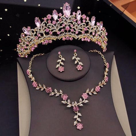 Purple Jewelry Set, Pink Gold Necklace, Quinceanera Crown, Pink Quince, Bridal Crown Tiara, Pink Jewelry Set, Gold Necklace Wedding, Crystal Bridal Tiaras, Quinceanera Themes