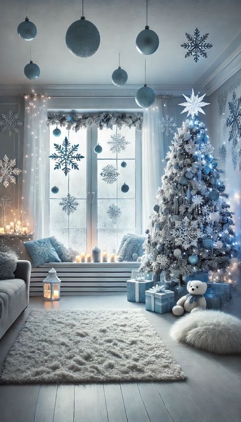 #Christmas Decoration Ideas# Blue Christmas Decor Bedroom, Jack Frost Christmas Decorations, Christmas Decor Ideas Blue And White, Winter Wonderland Christmas Theme Decor, Blue Christmas Theme Decorating Ideas, Winter Wonderland Decorations House, Blue And Silver Living Room Ideas, Blue White And Silver Christmas Tree, Christmas Blue Aesthetic