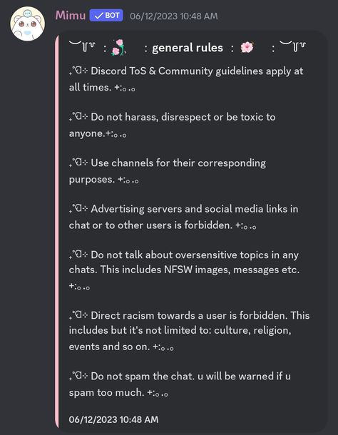 ˏˋ°•*⁀➷ simple pink layout for rules For more ideas or help: Join my discord: https://discord.gg/Em49e3TwAg Rule Ideas For Discord, Cute Server Names For Discord, Rules For Discord Server, Channel Ideas Discord, Discord Rules Template, Discord Server Tips, Discord Server Description Ideas, Discord Verify Message Ideas, Servers To Join On Discord