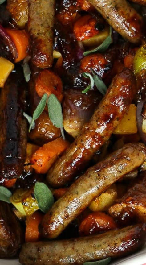 Sticky Sausages Recipes, Mary Berry Sausage Tray Bake, Dinner With Beef Sausage, Sticky Sausage Tray Bake, Sausages Recipe For Dinner, One Tray Bake, Breakfast Sausage Meals, Lamb Sausage Recipes Dinners, Pork Sausages Recipe