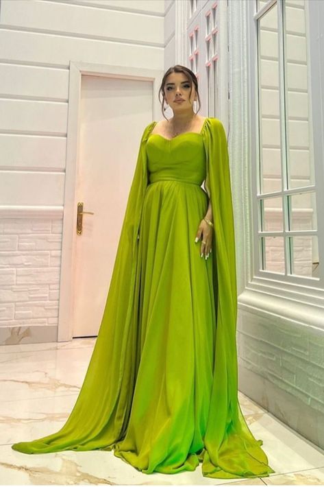 lime green chiffon formal dress Green Formal Dress Long, Green Dress Hijab, Dress Hijab Satin, Formal Dress With Cape, Lime Green Prom Dresses, Green Gowns, Chiffon Formal Dress, Green Formal Dress, Purple Formal Dress