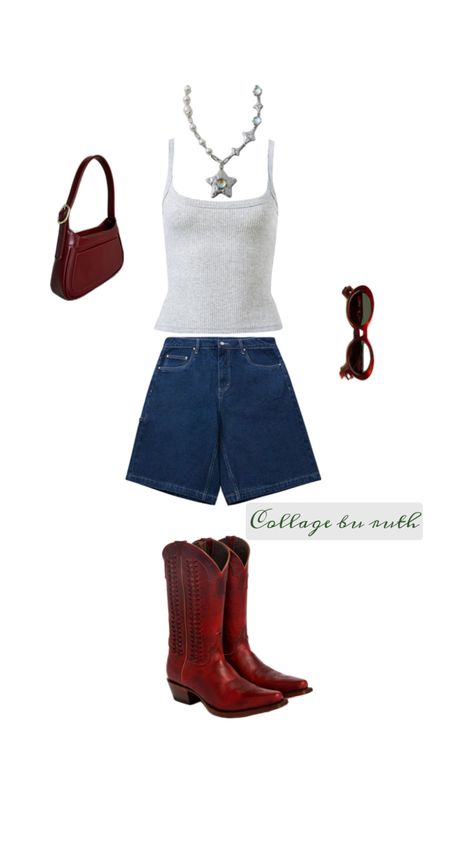 White tank top + blue denim shorts + chunky necklace + cherry red shoulder bag + cherry red cowboy boots + sunglasses White Tank Top Outfit, Cowboy Boots Outfit, Tank Top Outfit, Red Cowboy Boots, Red Shoulder Bag, Everyday Boots, Tank Top Outfits, Ootd Summer, Top Outfit