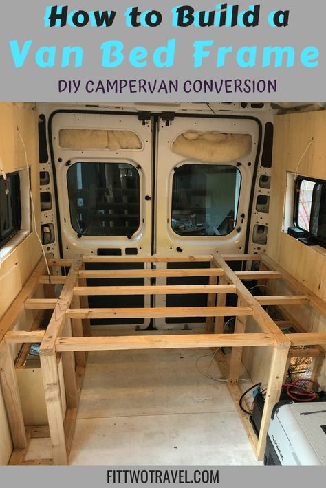 How to Build a DIY Van Conversion Bed Frame - Fit Two Travel Skoolie Bed Frame, Van Build Bed Ideas, Nissan Cargo Van Conversion, Campervan Bed Frame, How To Build A Camper Van, Van Ideas Campervan, Pull Out Van Bed, Vanlife Bed Ideas, Minimalist Van Conversion